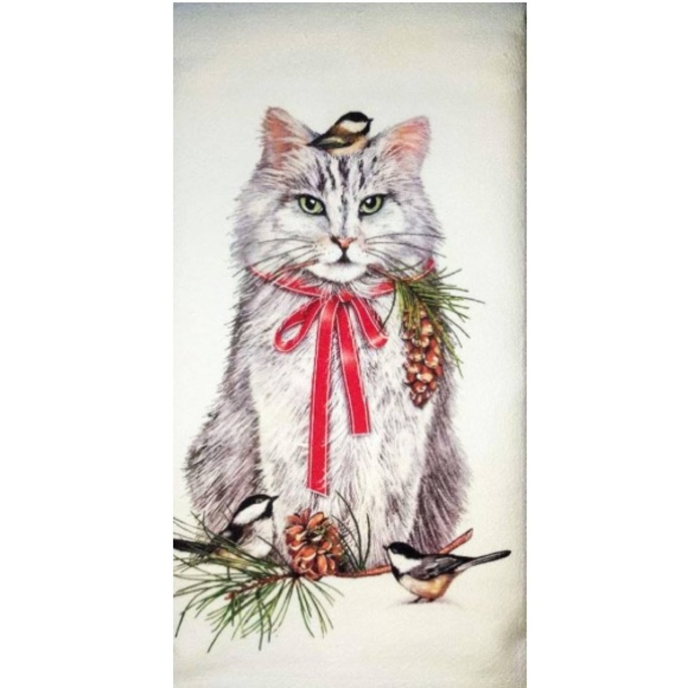 Cat & Chickadees Holiday Tea Towel